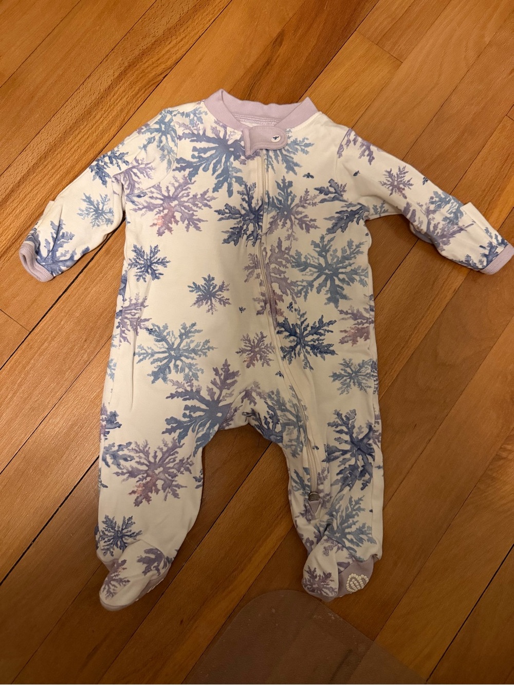 Burt's Bees Cream Footed One-Piece with Purple & Blue Snowflakes